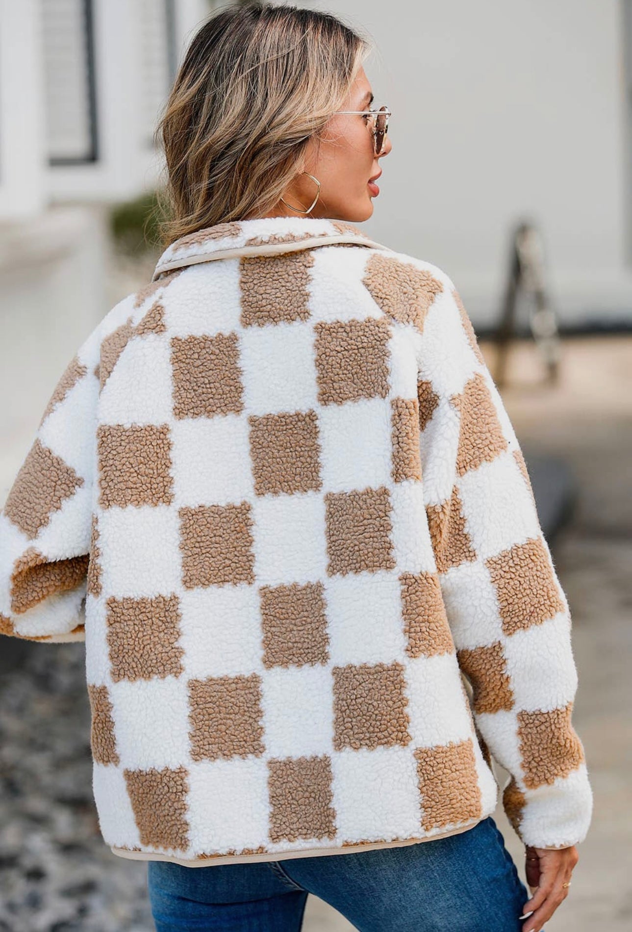 Checkered Snap Down Long Sleeve Teddy Jacket - Bitsy Gypsy Boutique