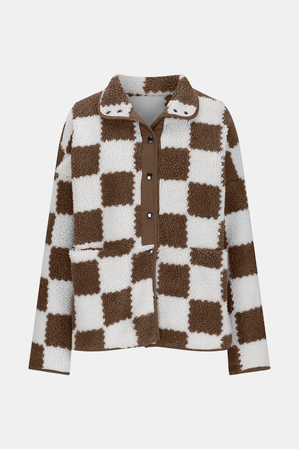 Checkered Snap Down Long Sleeve Teddy Jacket - Bitsy Gypsy Boutique