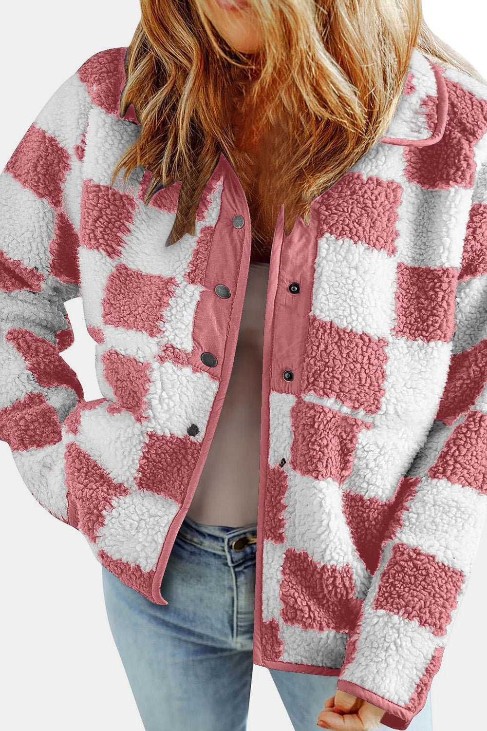 Checkered Snap Down Long Sleeve Teddy Jacket - Bitsy Gypsy Boutique