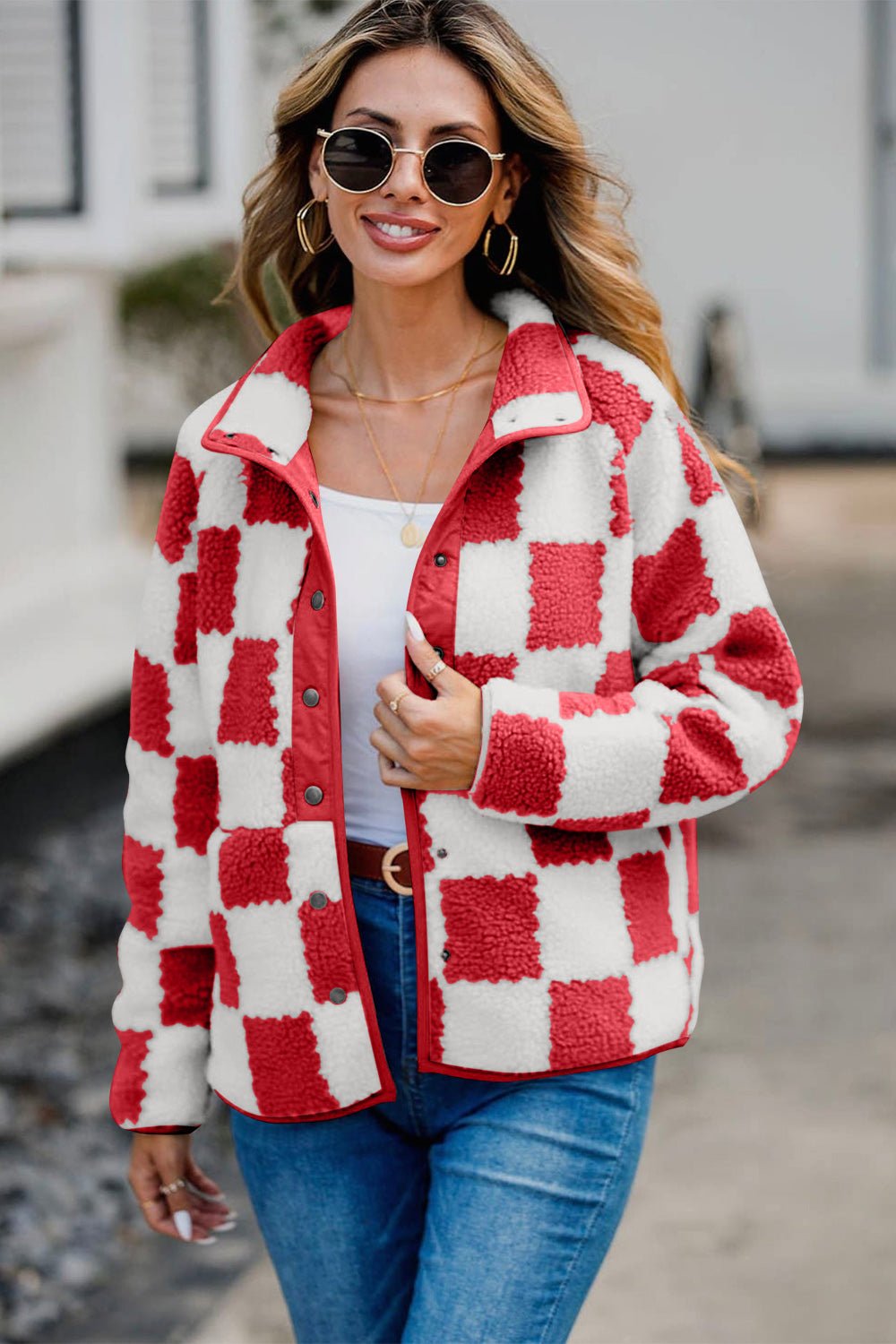 Checkered Snap Down Long Sleeve Teddy Jacket - Bitsy Gypsy Boutique