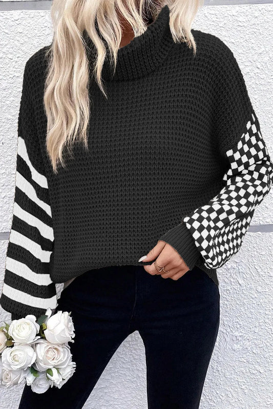 Checkered Striped Turtleneck Long Sleeve Sweater - Bitsy Gypsy Boutique