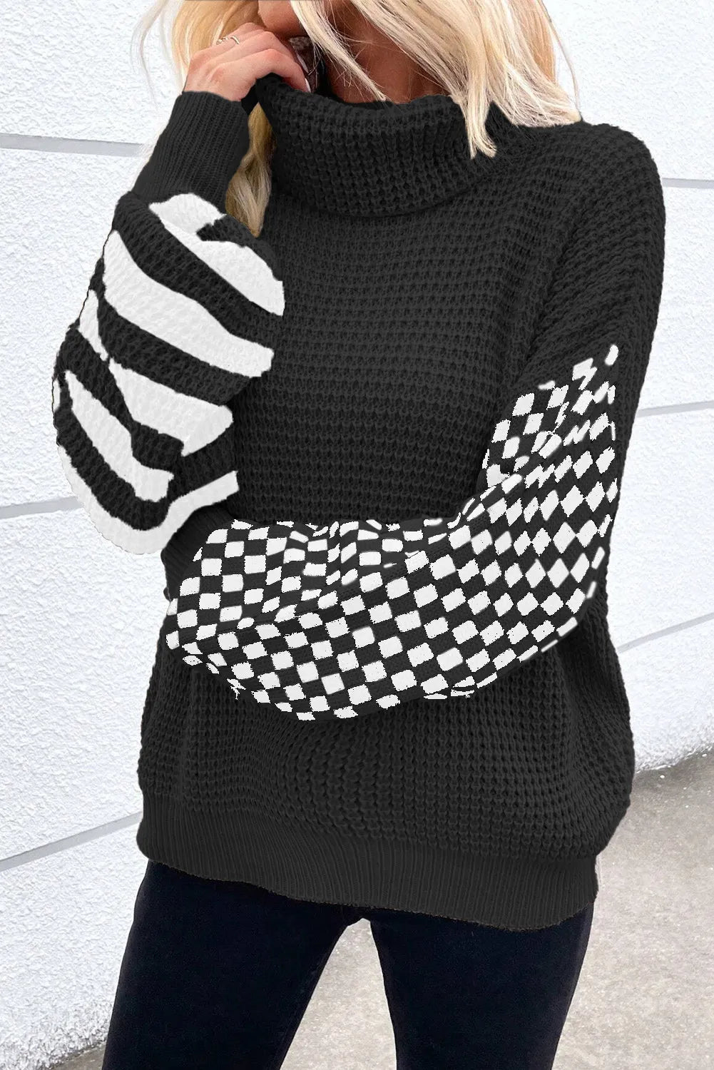 Checkered Striped Turtleneck Long Sleeve Sweater - Bitsy Gypsy Boutique