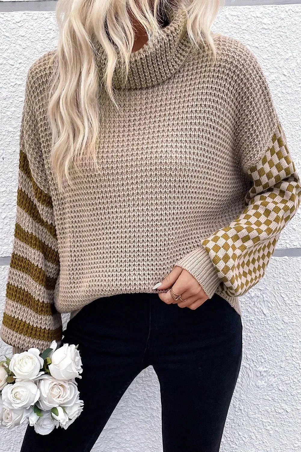 Checkered Striped Turtleneck Long Sleeve Sweater - Bitsy Gypsy Boutique