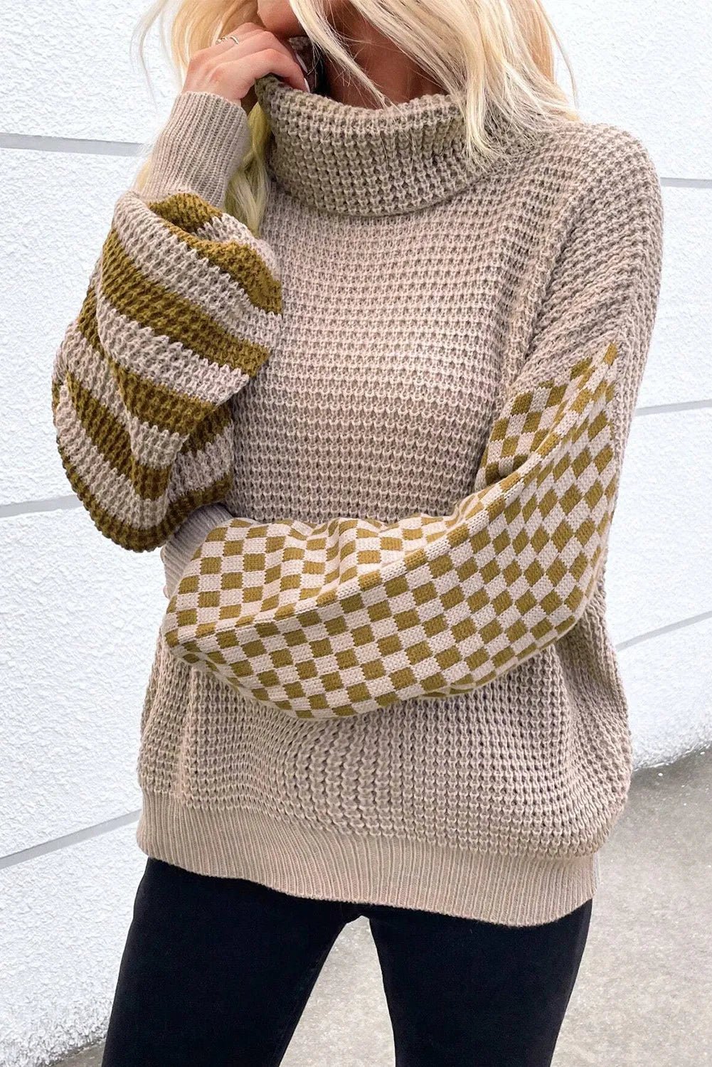 Checkered Striped Turtleneck Long Sleeve Sweater - Bitsy Gypsy Boutique