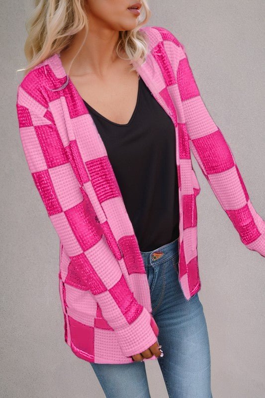 Checkered Waffle Knit Thumbhole Open Cardigan - Bitsy Gypsy Boutique