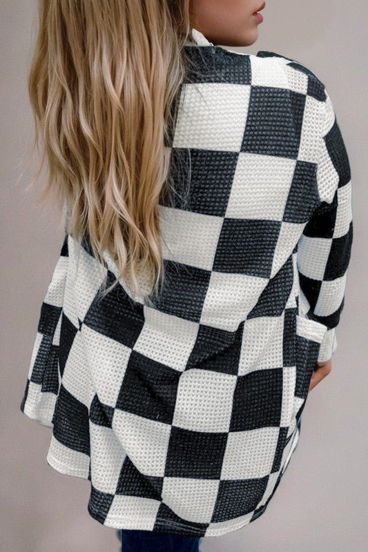 Checkered Waffle Knit Thumbhole Open Cardigan - Bitsy Gypsy Boutique