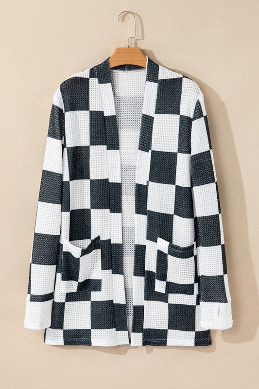 Checkered Waffle Knit Thumbhole Open Cardigan - Bitsy Gypsy Boutique