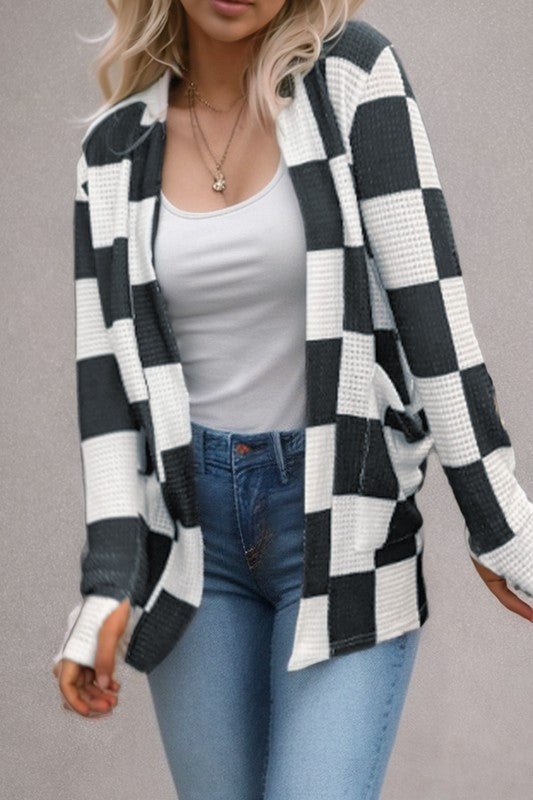 Checkered Waffle Knit Thumbhole Open Cardigan - Bitsy Gypsy Boutique