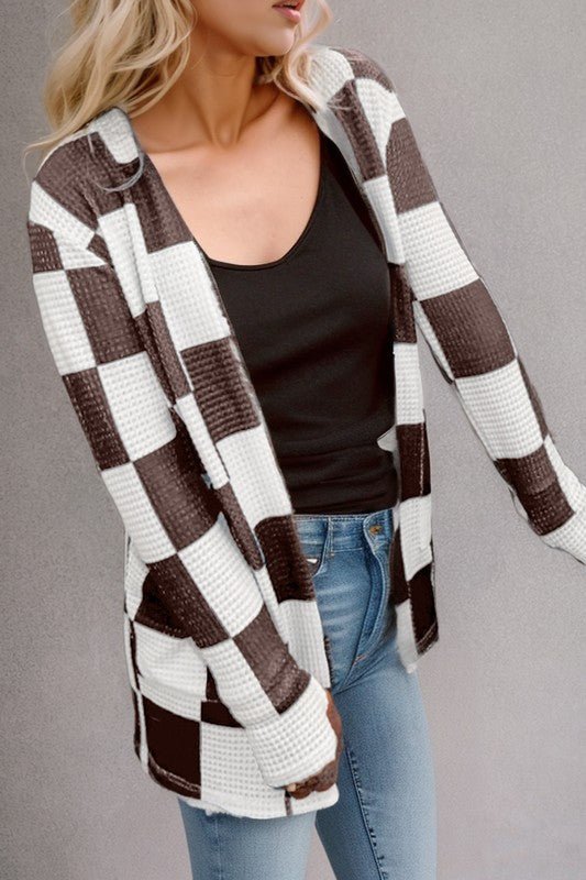 Checkered Waffle Knit Thumbhole Open Cardigan - Bitsy Gypsy Boutique