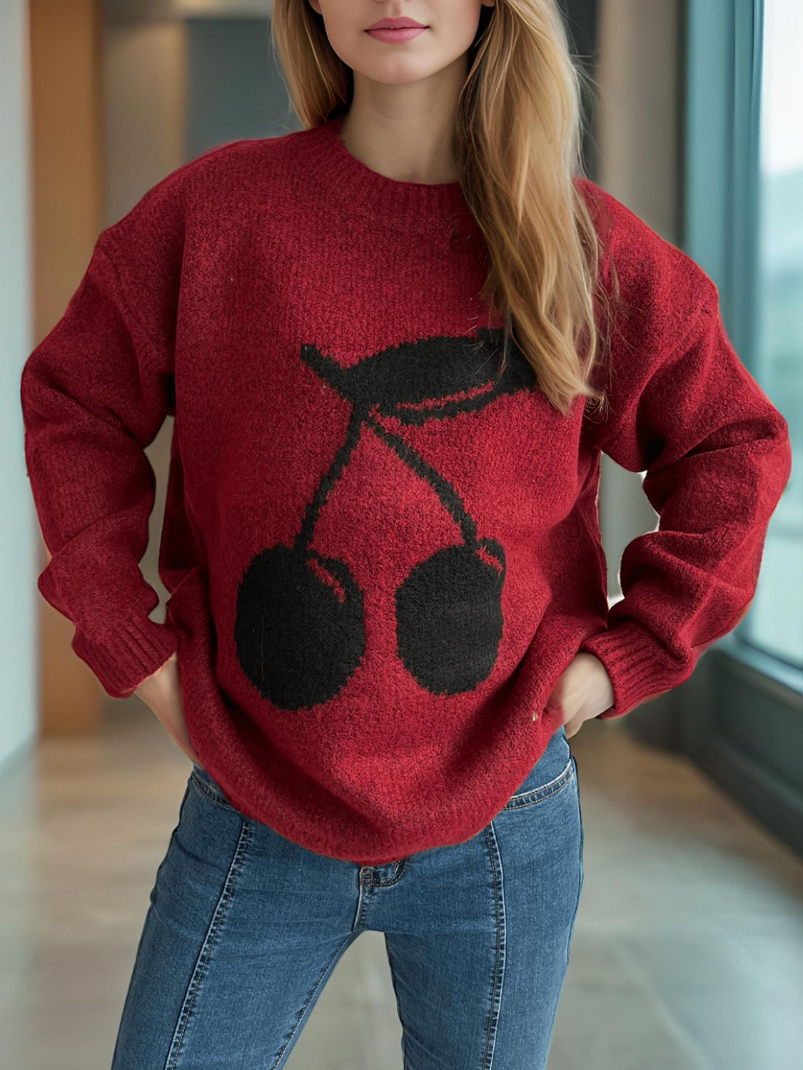 Cherry Round Neck Long Sleeve Sweater - Bitsy Gypsy Boutique