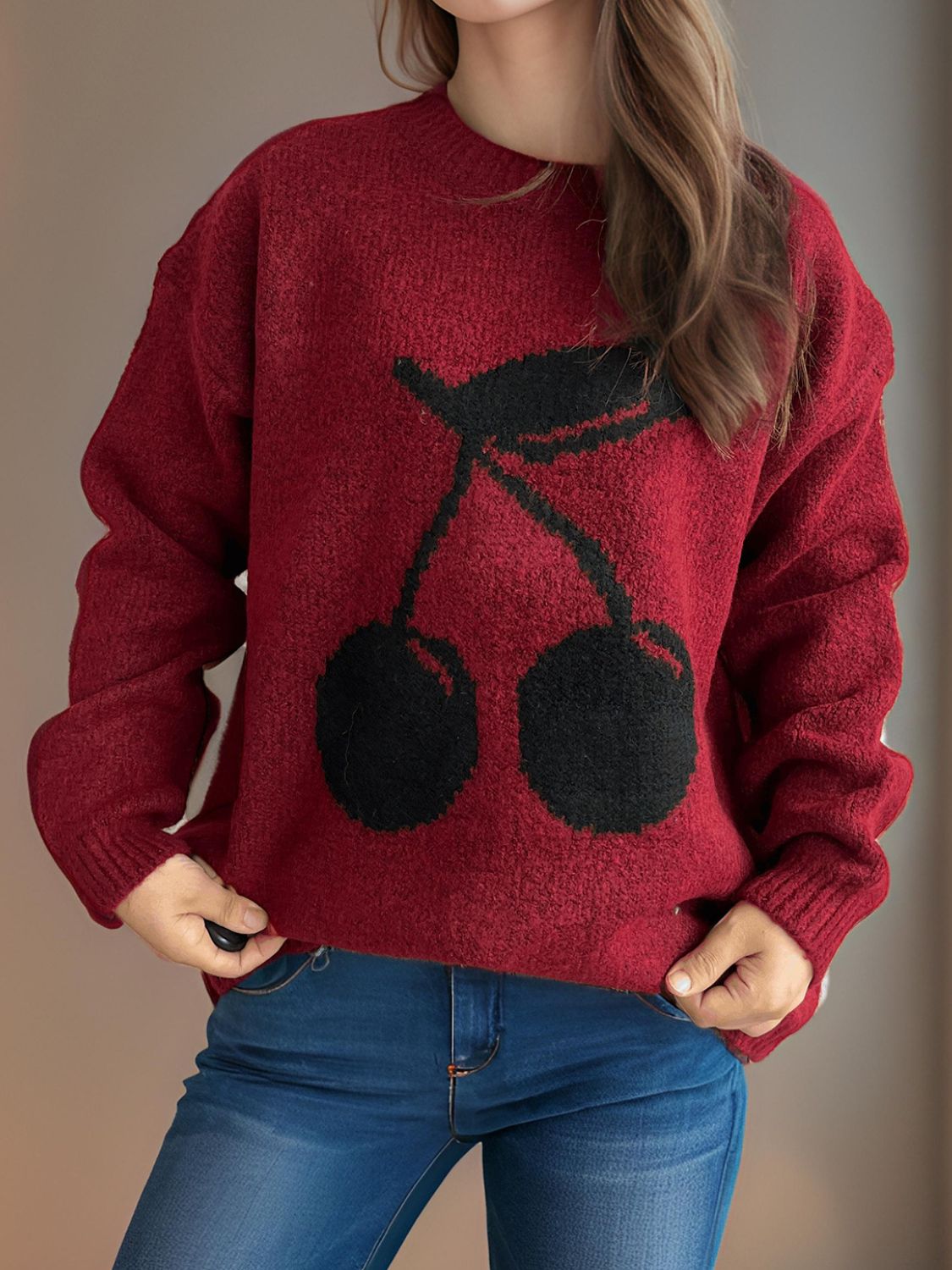 Cherry Round Neck Long Sleeve Sweater - Bitsy Gypsy Boutique