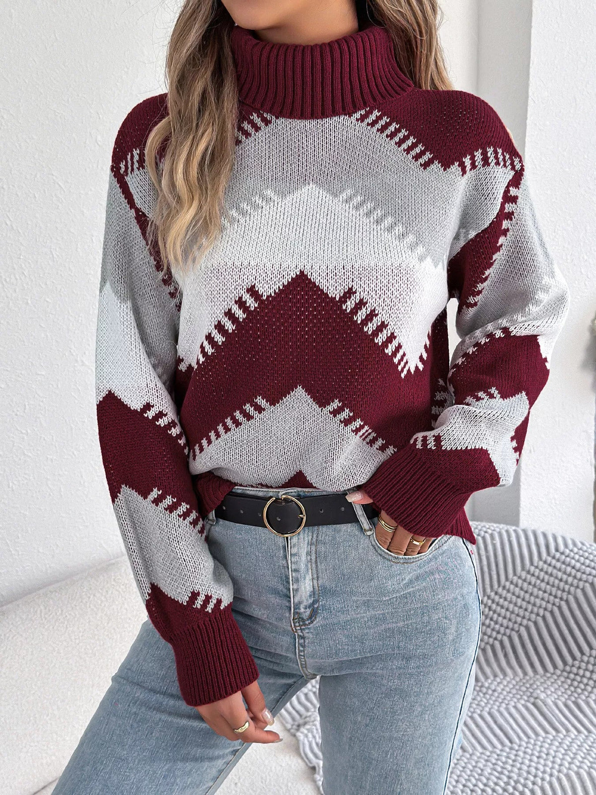 Chevron Pattern Turtleneck Sweater - Bitsy Gypsy Boutique