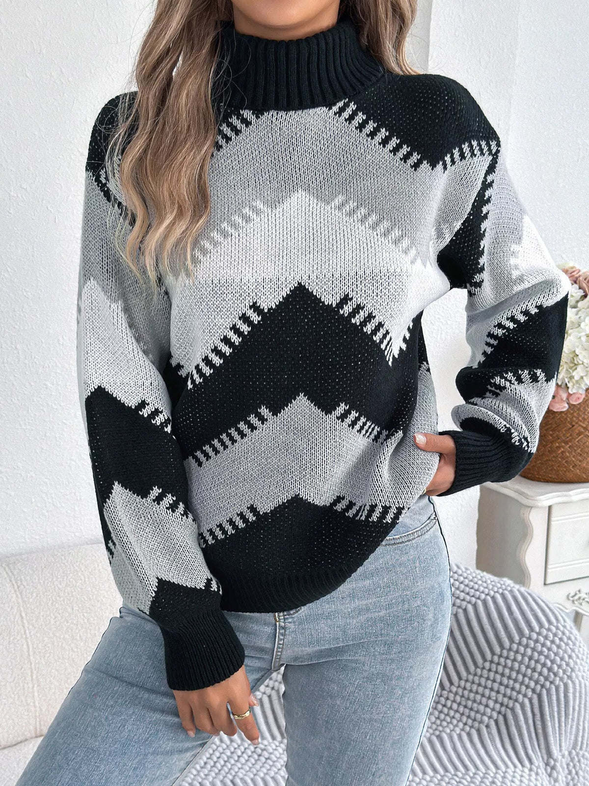 Chevron Pattern Turtleneck Sweater - Bitsy Gypsy Boutique