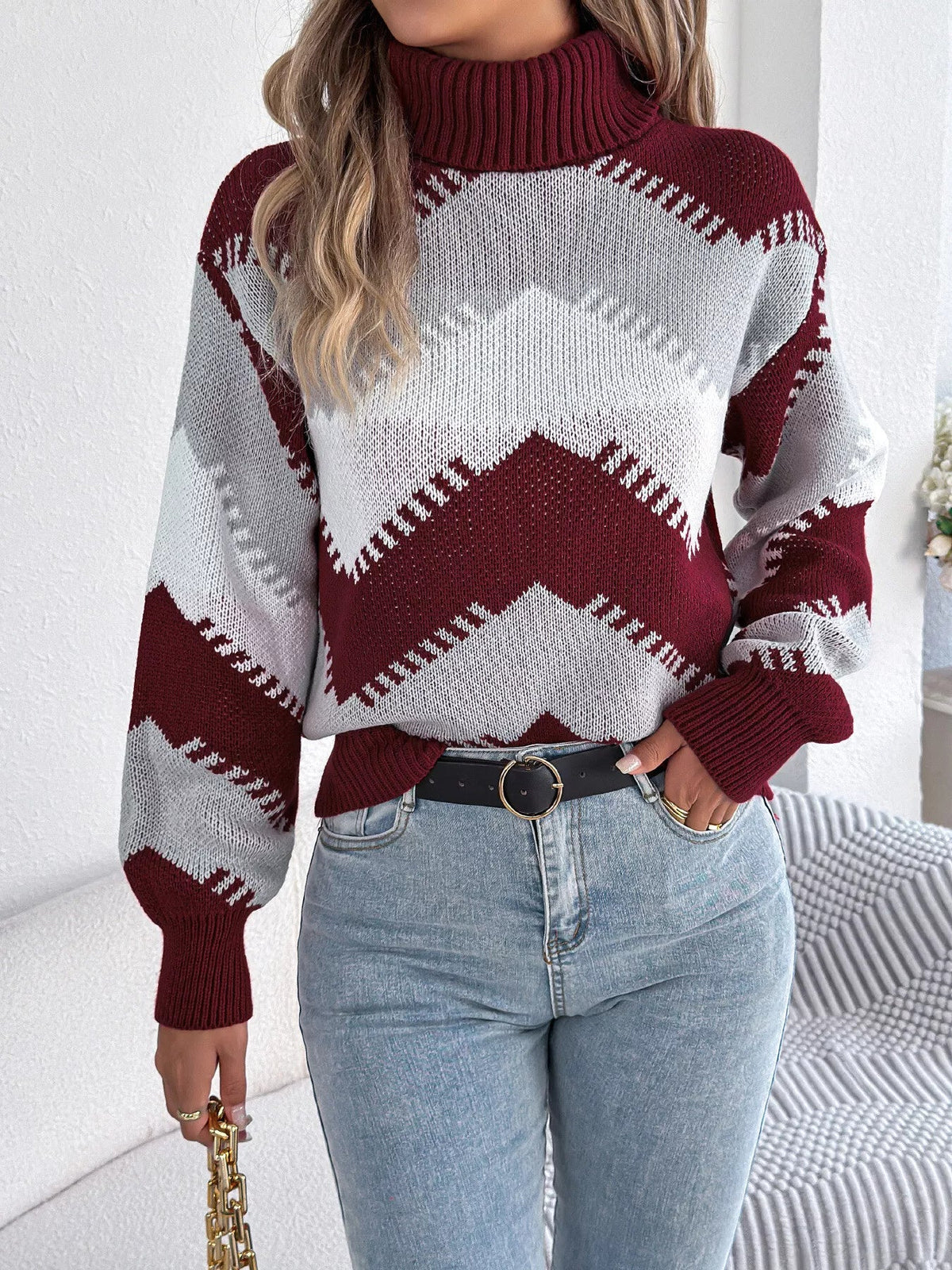 Chevron Pattern Turtleneck Sweater - Bitsy Gypsy Boutique