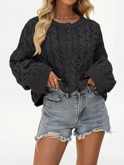 Chic Cable Knit Half-Button Openwork Sweater by Trendsi
