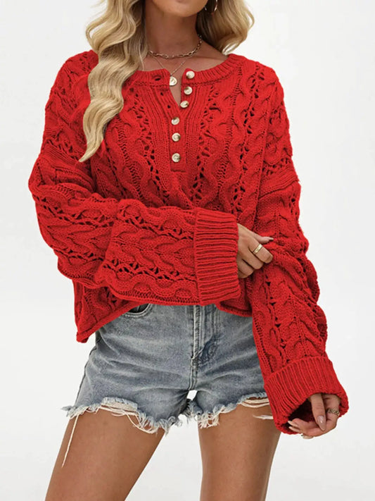 Chic Cable Knit Half-Button Openwork Sweater by Trendsi