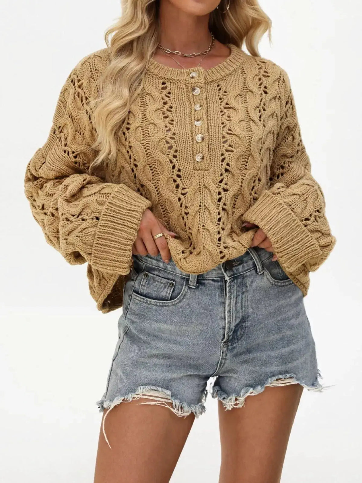Chic Cable Knit Half-Button Openwork Sweater by Trendsi