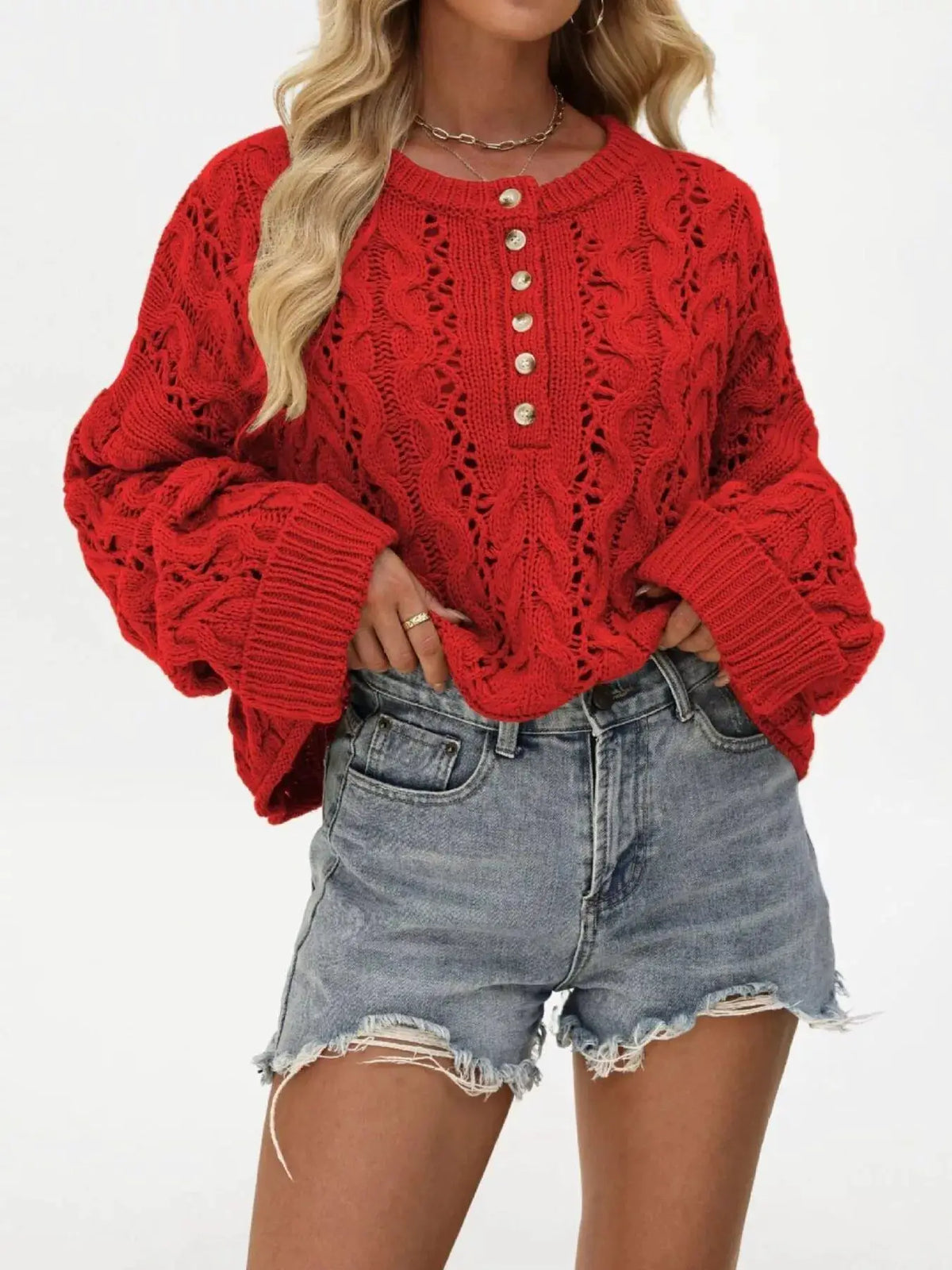 Chic Cable Knit Half-Button Openwork Sweater by Trendsi