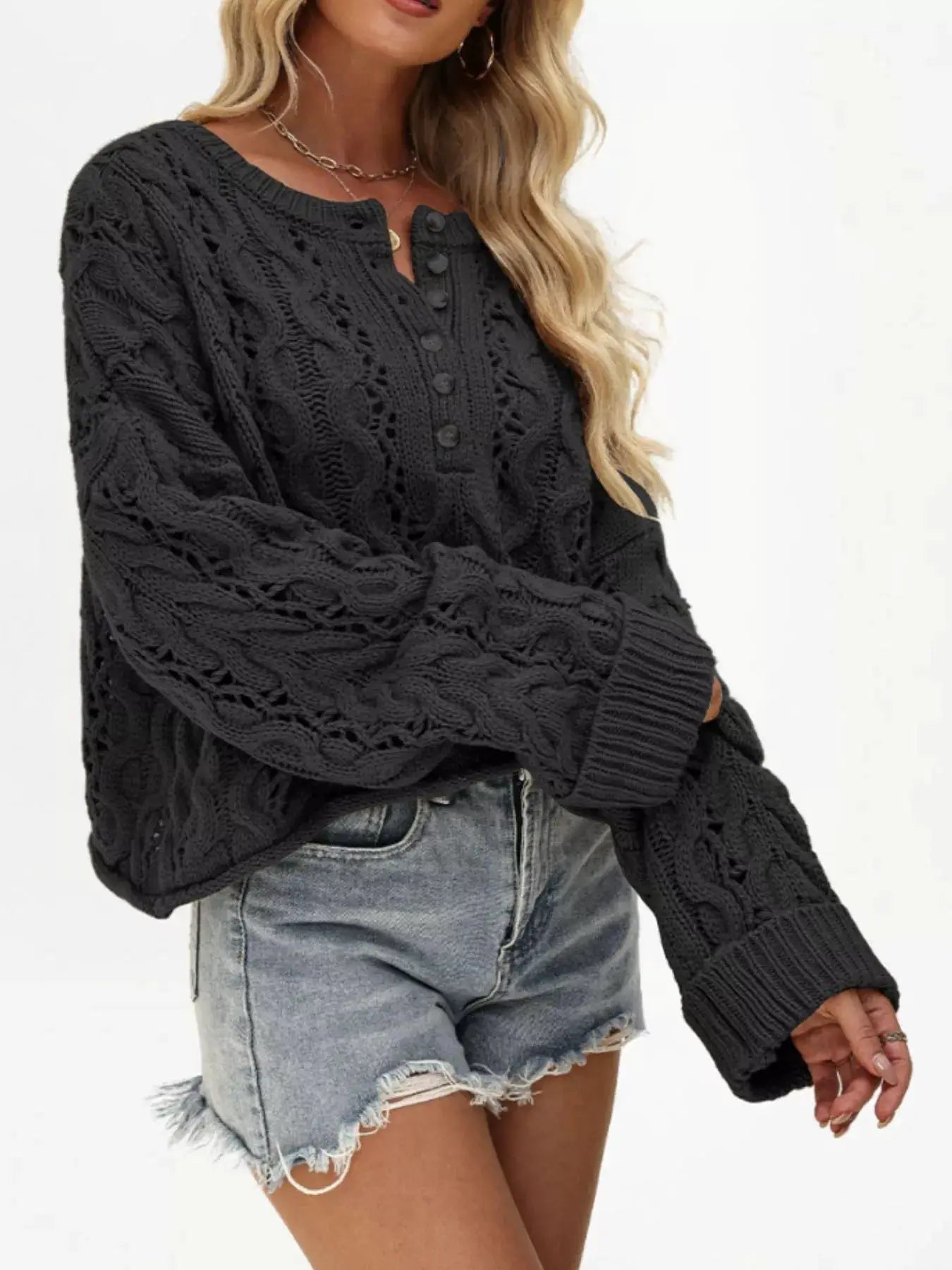 Chic Cable Knit Half-Button Openwork Sweater by Trendsi