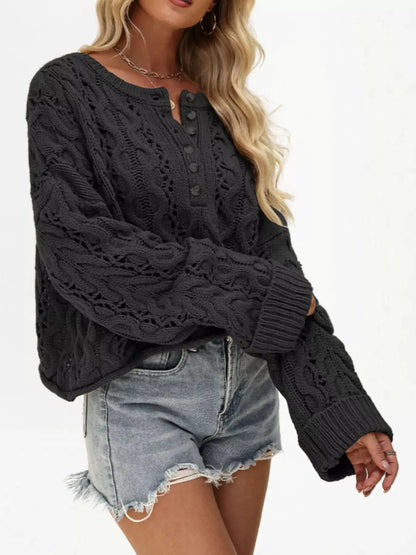 Chic Cable Knit Half-Button Openwork Sweater by Trendsi