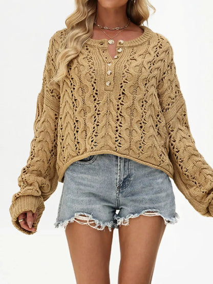 Chic Cable Knit Half-Button Openwork Sweater by Trendsi