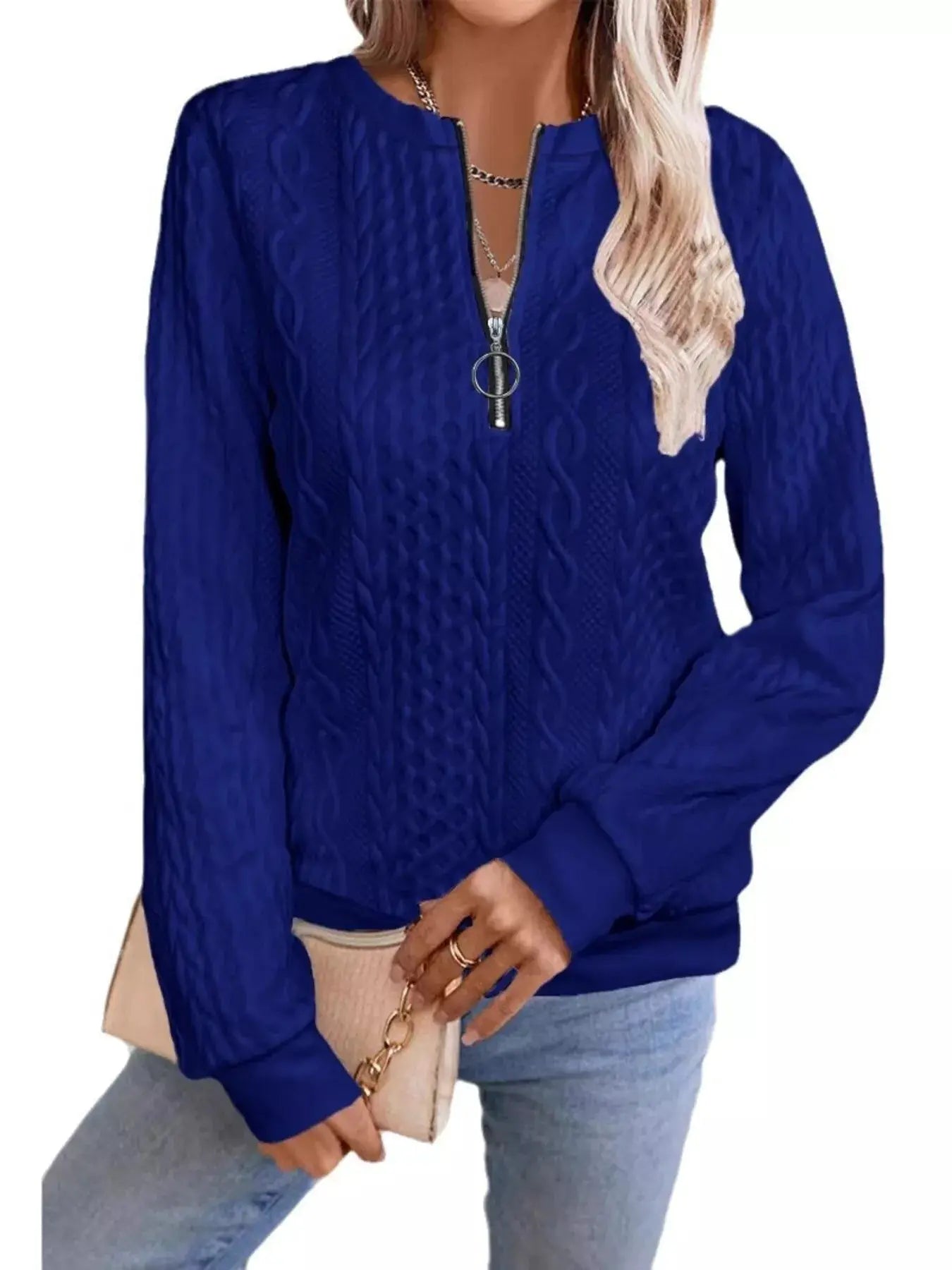 Chic Cable Texture Quarter-Zip Sweatshirt by Trendsi