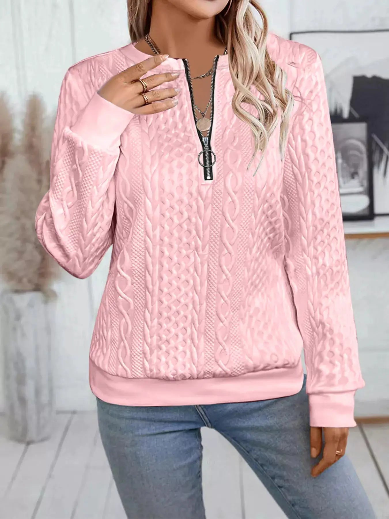 Chic Cable Texture Quarter-Zip Sweatshirt by Trendsi