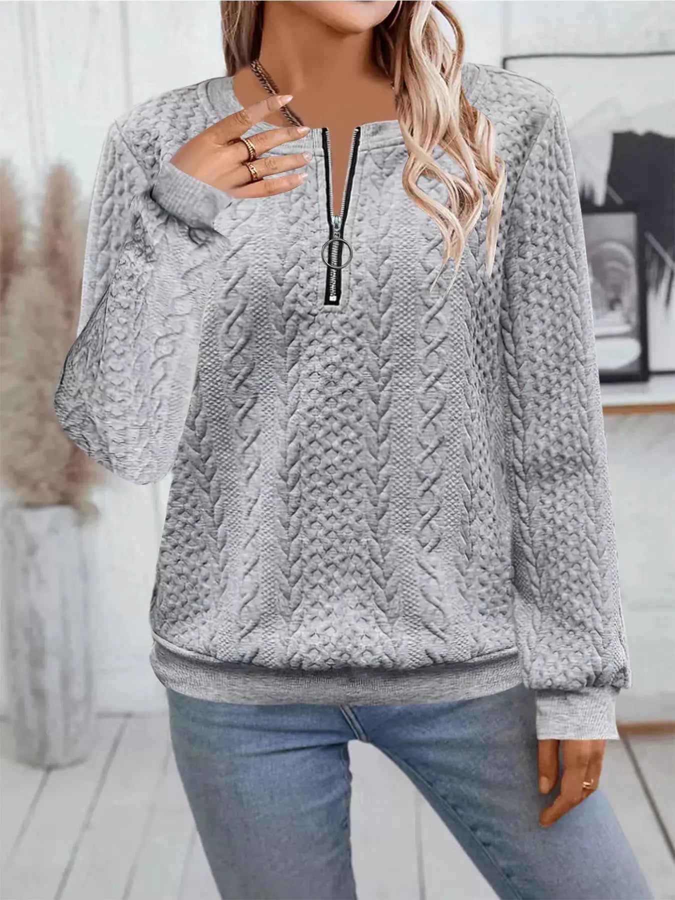 Chic Cable Texture Quarter-Zip Sweatshirt by Trendsi
