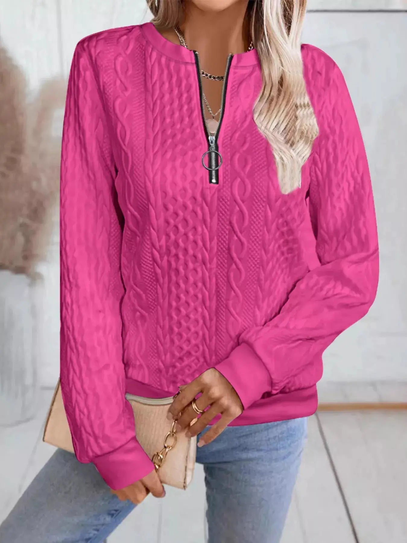 Chic Cable Texture Quarter-Zip Sweatshirt by Trendsi