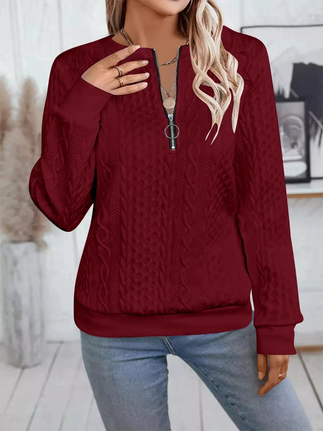 Chic Cable Texture Quarter-Zip Sweatshirt by Trendsi