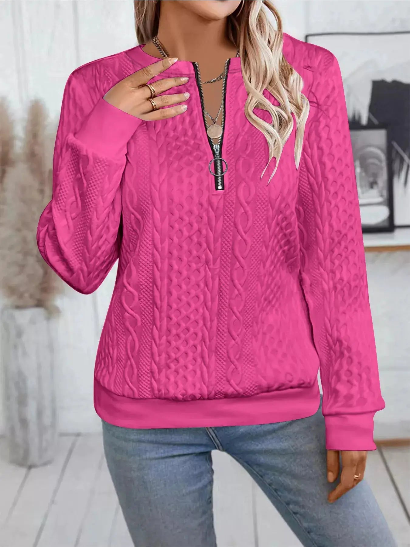 Chic Cable Texture Quarter-Zip Sweatshirt by Trendsi