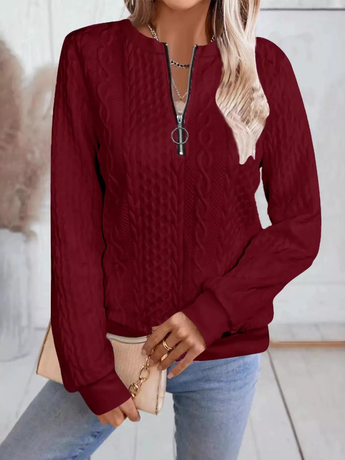 Chic Cable Texture Quarter-Zip Sweatshirt by Trendsi