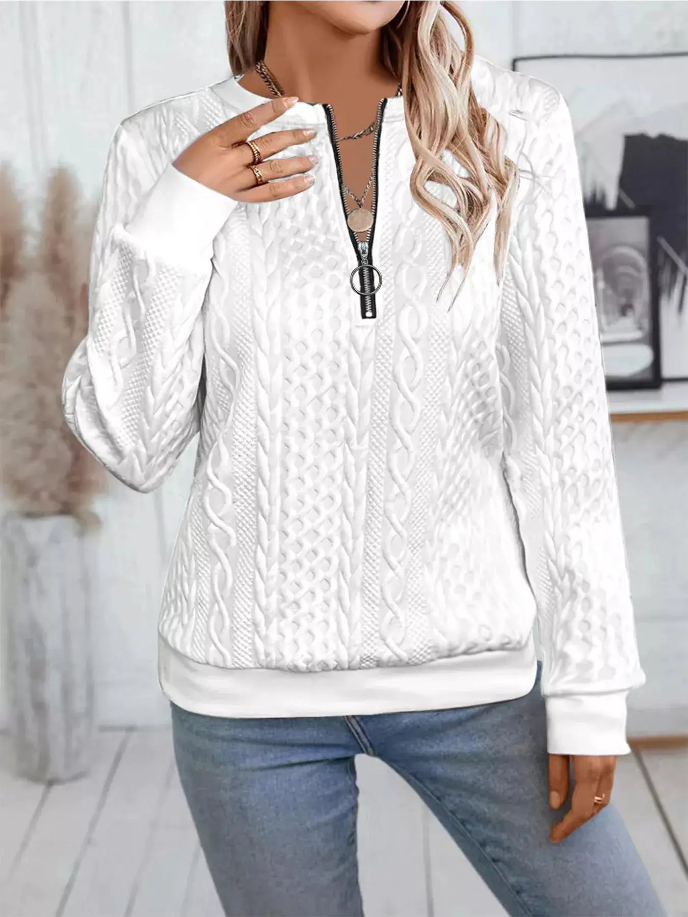 Chic Cable Texture Quarter-Zip Sweatshirt by Trendsi
