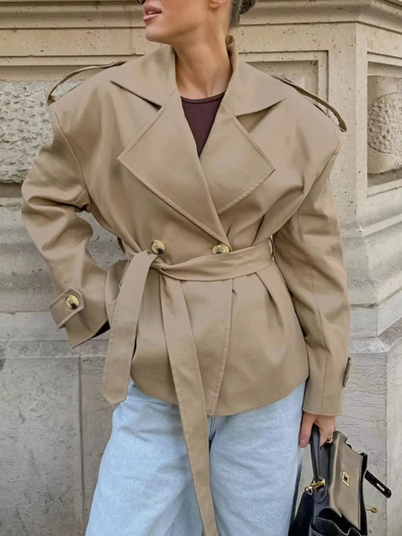 Chic Double-Breasted Belted Trench Coat by Trendsi