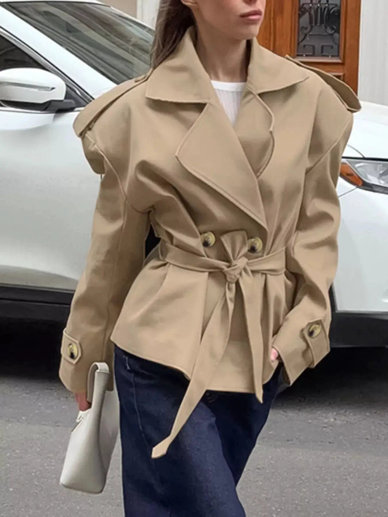 Chic Double-Breasted Belted Trench Coat by Trendsi