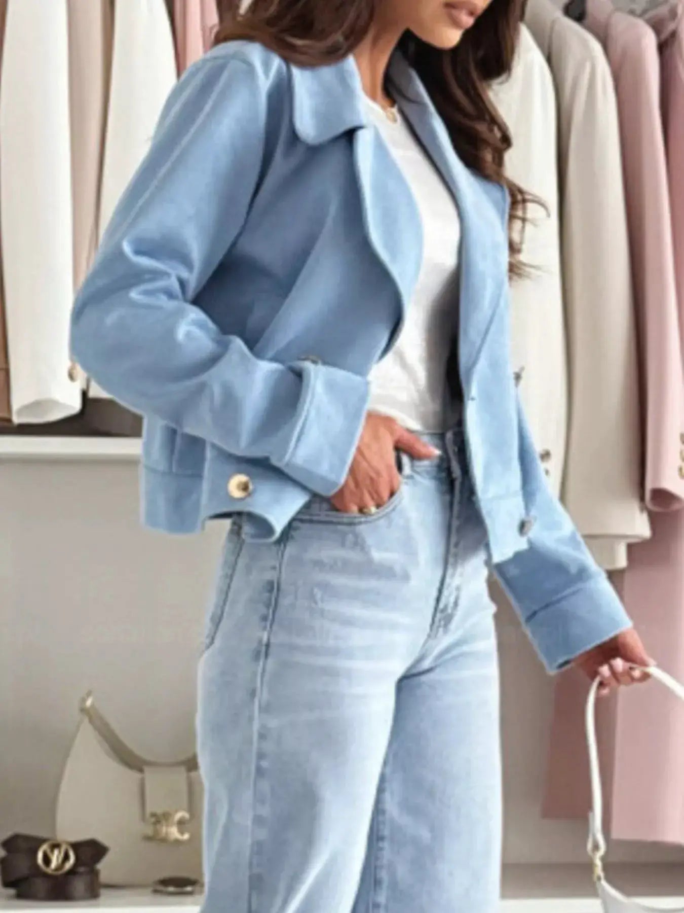 Chic Double-Breasted Cropped Jacket by Trendsi