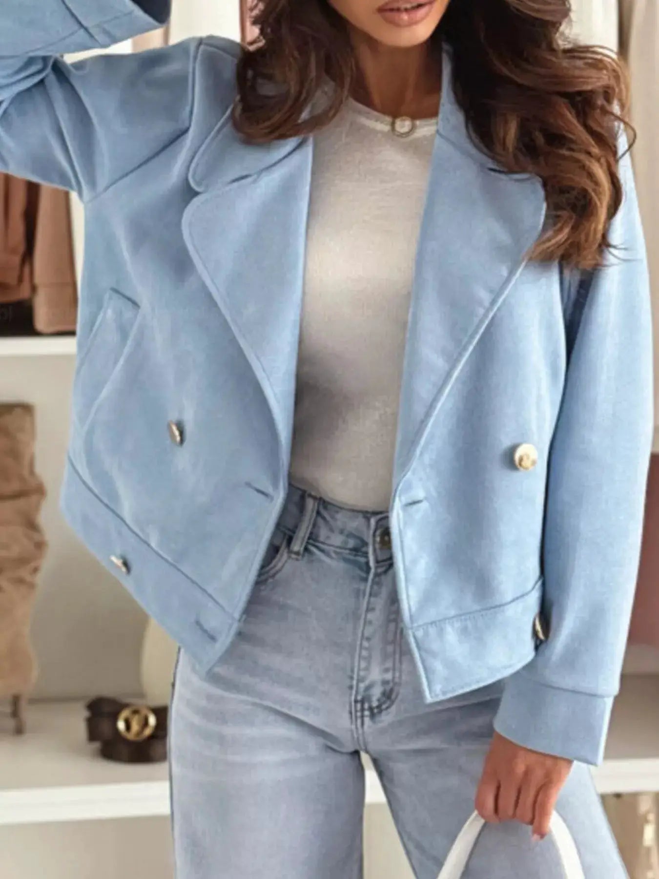 Chic Double-Breasted Cropped Jacket by Trendsi