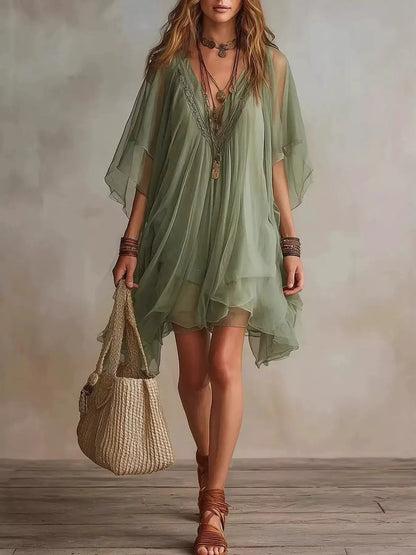 Chiffon V-Neck Mini Dress by Trendsi