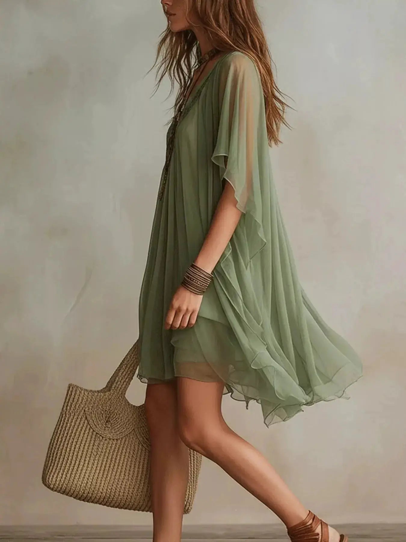 Chiffon V-Neck Mini Dress by Trendsi