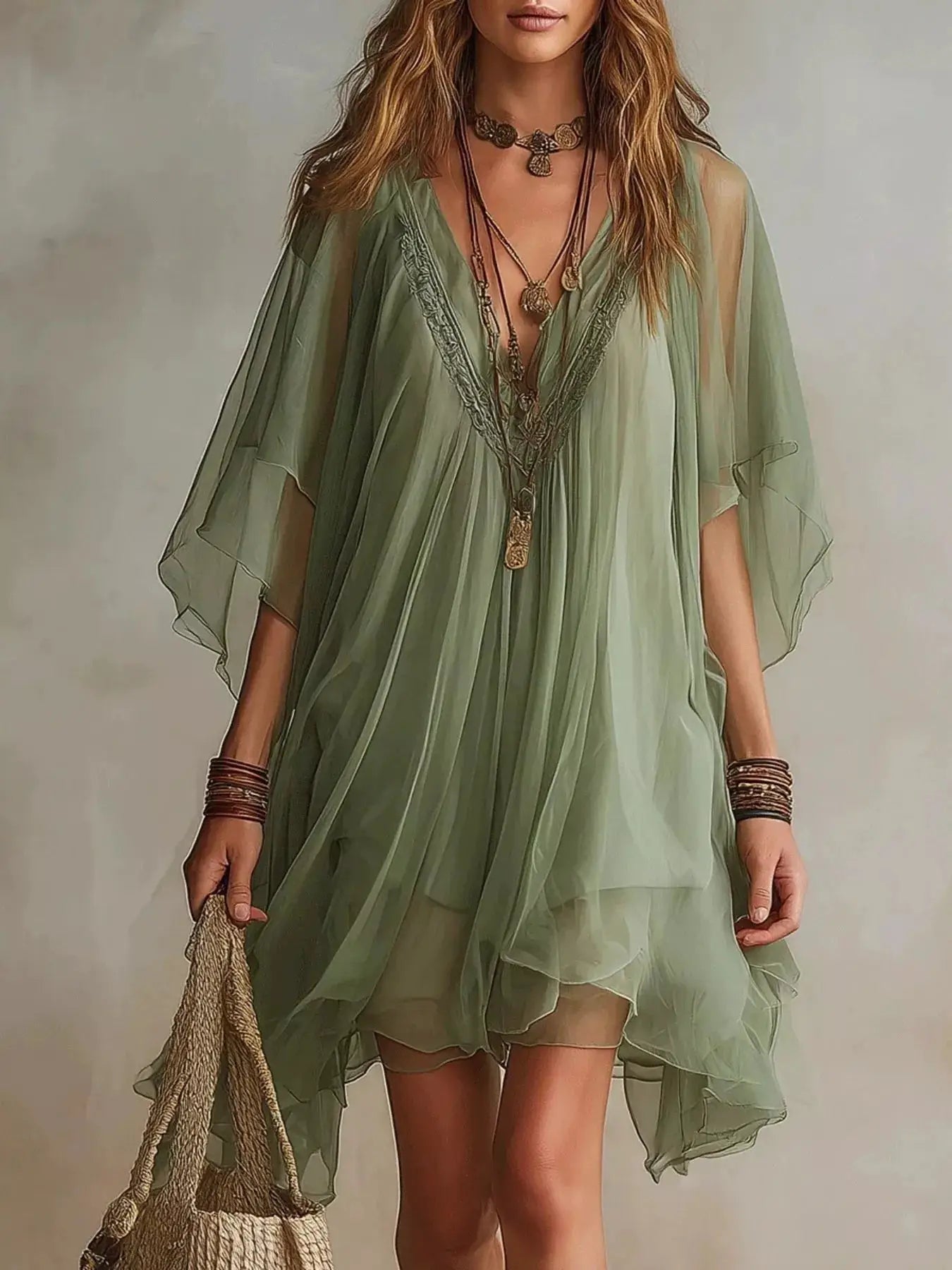 Chiffon V-Neck Mini Dress by Trendsi