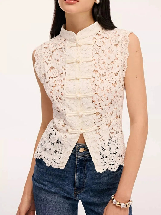 Chinese Knot Buttons Lace Sleeveless Top - Bitsy Gypsy Boutique