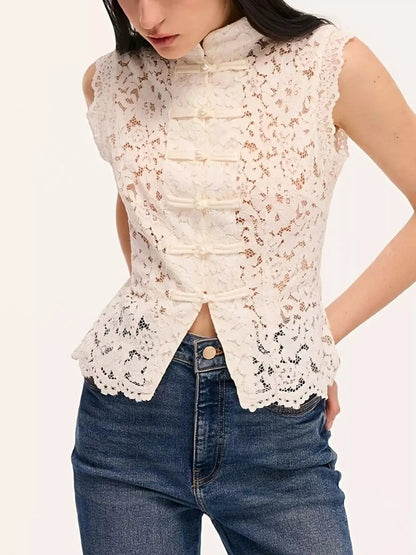 Chinese Knot Buttons Lace Sleeveless Top - Bitsy Gypsy Boutique