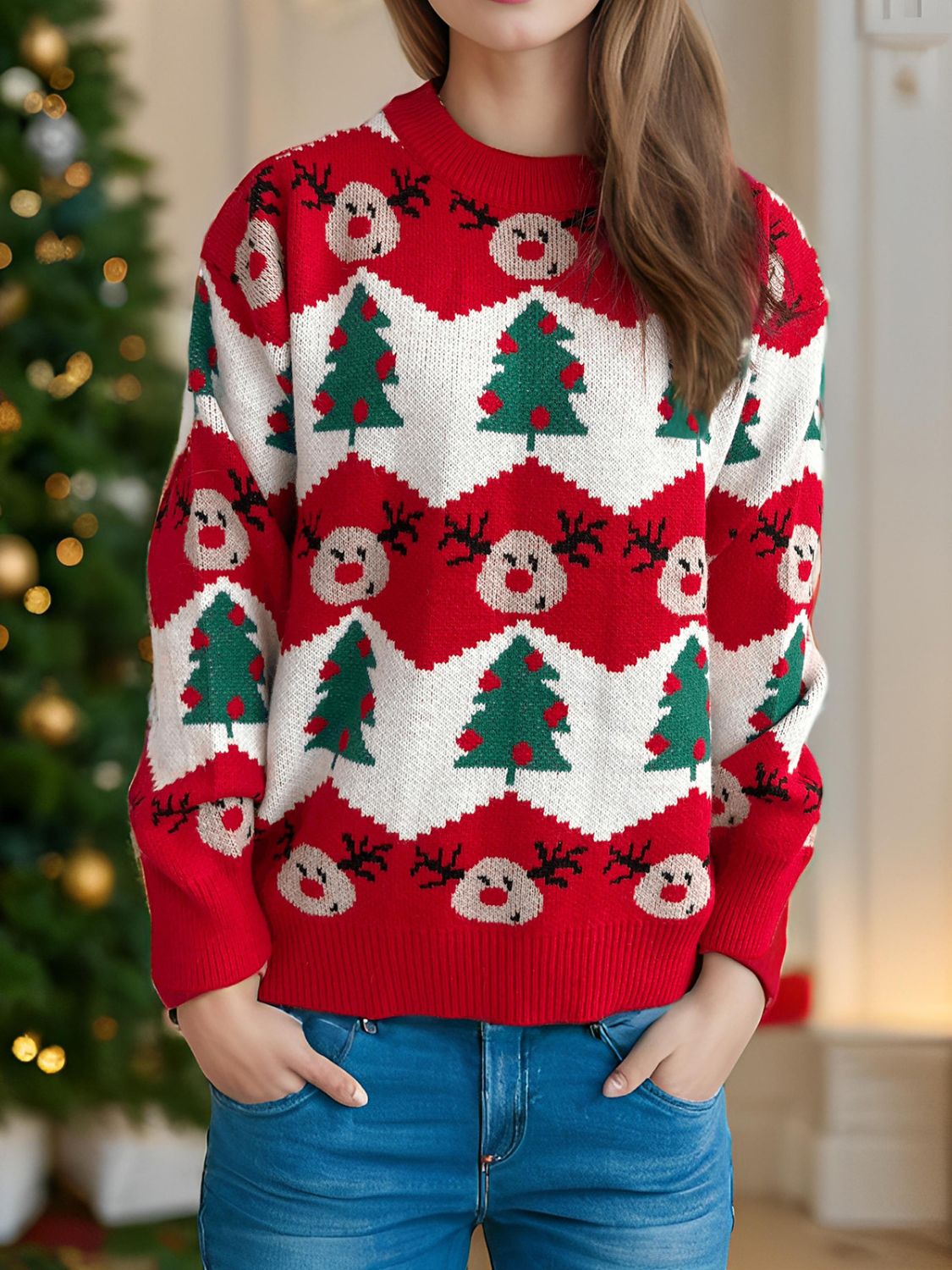 Christmas Element Round Neck Long Sleeve Sweater - Bitsy Gypsy Boutique