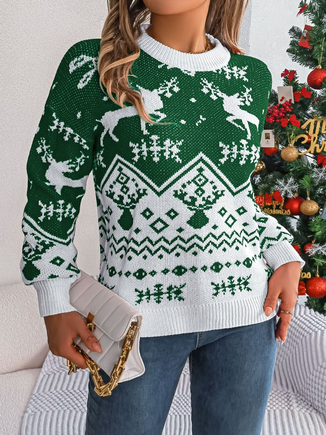 Christmas Element Round Neck Long Sleeve Sweater - Bitsy Gypsy Boutique