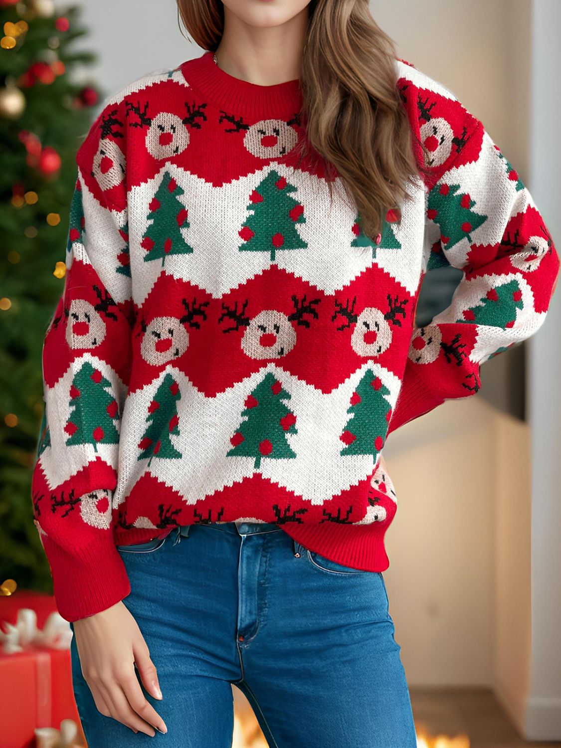 Christmas Element Round Neck Long Sleeve Sweater - Bitsy Gypsy Boutique