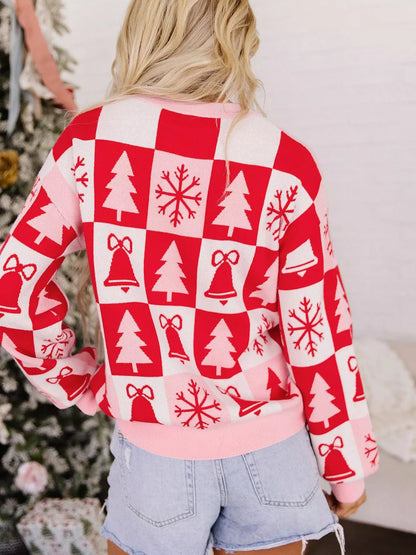 Christmas Plaid Pullover Round Neck Long Sleeve Casual Fit Tunic Knitwear Sweater - Bitsy Gypsy Boutique