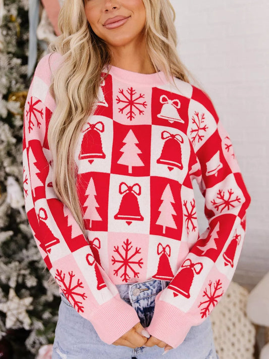 Christmas Plaid Pullover Round Neck Long Sleeve Casual Fit Tunic Knitwear Sweater - Bitsy Gypsy Boutique