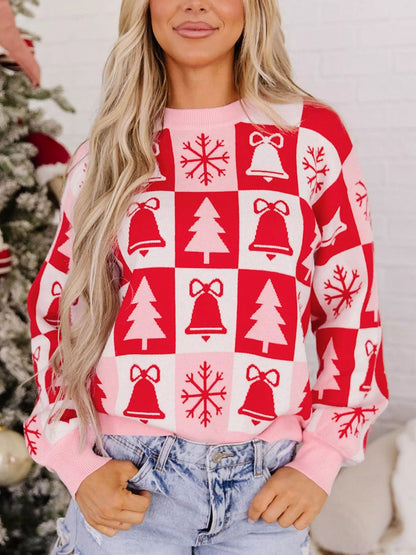 Christmas Plaid Pullover Round Neck Long Sleeve Casual Fit Tunic Knitwear Sweater - Bitsy Gypsy Boutique
