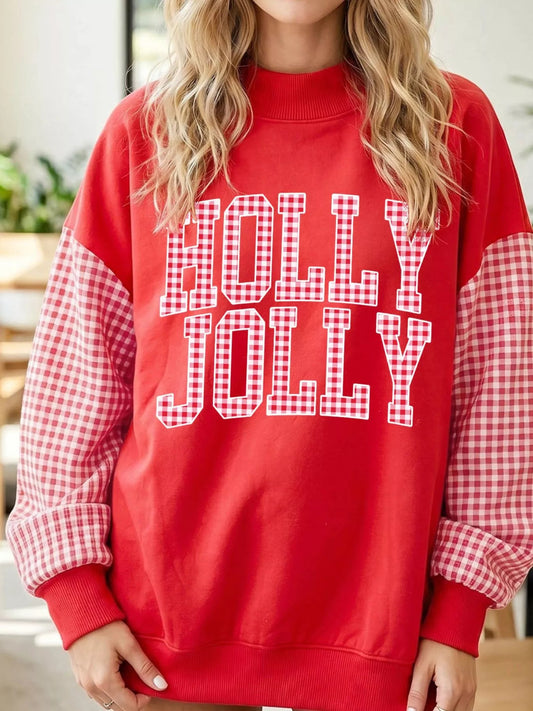 Christmas Slogan Plaid Sleeve Patchwork Holiday Sweatshirt - Bitsy Gypsy Boutique