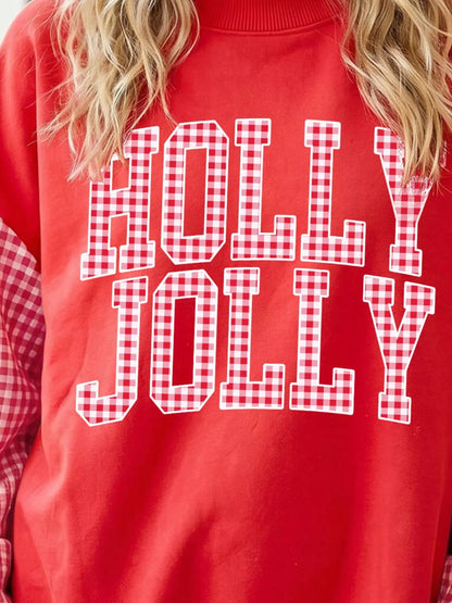 Christmas Slogan Plaid Sleeve Patchwork Holiday Sweatshirt - Bitsy Gypsy Boutique